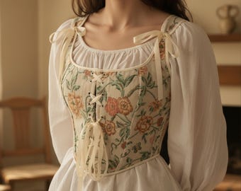 Pink Floral Corset Top, Cottagecore Lace-up Bustier With Tie  display picture 2
