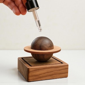 May include: A wooden essential oil diffuser in the shape of a planet with a brown sphere and a tan ring. A dropper dispenses liquid onto the planet. The diffuser sits on a square wooden base.