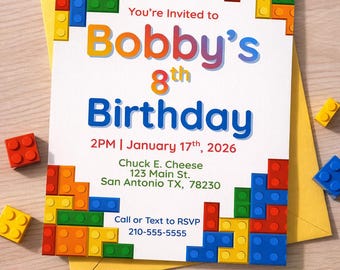 Building Block Birthday Invitation Template | Brick Party Invite (Digital Download)