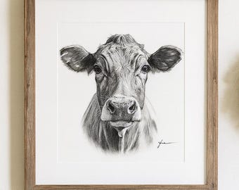 Cow Pencil Sketch – Printable Farm Animal Art, Realistic Livestock Drawing, Country Wall Decor Download