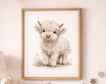 Highland Cow Nursery Art | Baby Farm Animal Sketch (Digital Download)