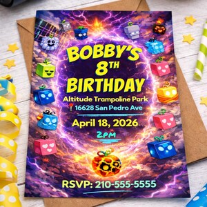 May include: A colorful birthday invitation for Bobby's 8th birthday. The design features a vibrant purple and orange background with cartoon-style gift boxes. The invitation includes the date, time, and RSVP information.