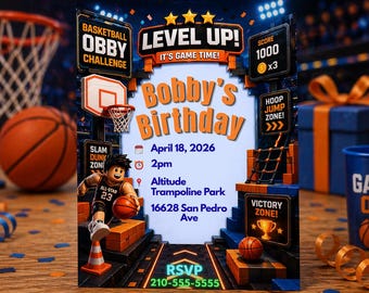Basketball Birthday Invite | Obstacle Course Party | Roblox gamer Sports Kids Invitation Template
