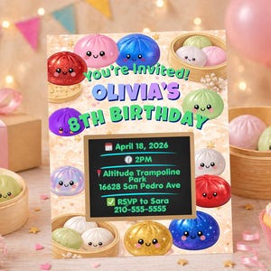 Puede incluir: Una invitación colorida para el 8º cumpleaños de Olivia, con dibujos animados de dumplings, globos y una magdalena. La invitación incluye la fecha, hora, lugar e información de RSVP.