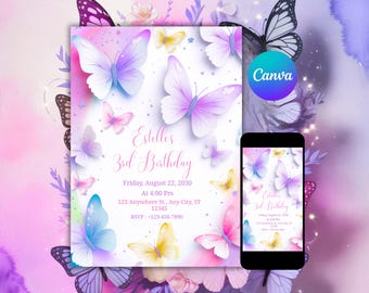 Schmetterling-Party-Einladung für Mädchen | Wunderliche Mädchen Geburtstag einladen | Bearbeitbare Canva Vorlage | Pastell Garten Thema zum Ausdrucken