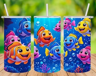 Cute Fish Tumbler Wrap PNG, Kids Sippy Cup Design, Ocean Fish Cartoon Wrap, 20oz Skinny Tumbler Sublimation Design