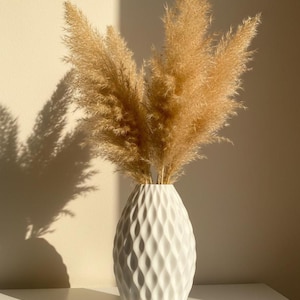 May include: A white, textured vase filled with dried pampas grass. The vase has a diamond pattern and sits on a white surface. The pampas grass is a light brown color, and the image is lit by sunlight.