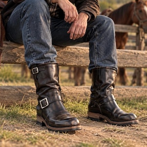 Puede incluir: Un par de botas de cuero marrón oscuro hasta la pantorrilla con dos correas ajustables con hebillas de metal plateado en el tobillo y la caña, punta redondeada y tacón con vira visible y suela exterior de goma de color oscuro.