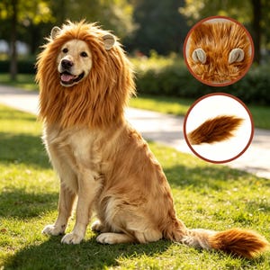 May include: A golden dog wearing a long, shaggy, orange-brown faux fur lion mane costume with rounded ears. The image includes two circular insets showing a close-up of the faux fur ears and a separate view of a matching bushy, pointed tail.