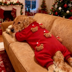 May include: A golden retriever dog wearing a red fleece onesie featuring several plush brown teddy bear appliques. Each teddy bear is wearing a small red Santa hat with a white pom-pom. The onesie has long sleeves and covers the dog's body.