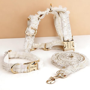 Könnte beinhalten: Ein cremefarbenes Set aus Geschirr, Halsband und Leine für Haustiere mit gerüschtem Stoffbesatz und goldfarbenen Metallbeschlägen. Die Schnallen von Geschirr und Halsband sind mit dem Namen CHLOE und die Geschirrschnalle mit 076543578 graviert.