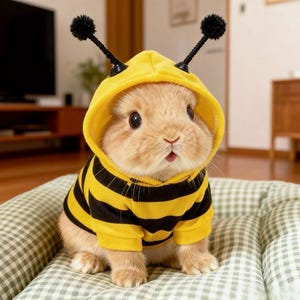 Könnte beinhalten: Ein beiges Kaninchen in einem gelb-schwarz gestreiften Bienenkostüm. Der Kapuzenpullover hat schwarze Bommelantennen. Das Kaninchen sitzt auf einem grün-weiß karierten Kissen.