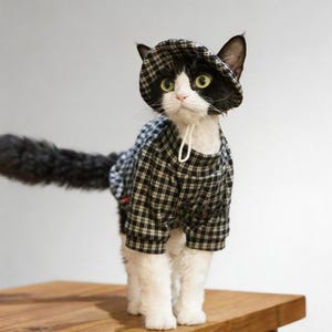 May include: A black and white cat wearing a matching plaid outfit and hat. The cat's outfit includes a button-down shirt and a hat with a drawstring. The cat is standing on a wooden surface.