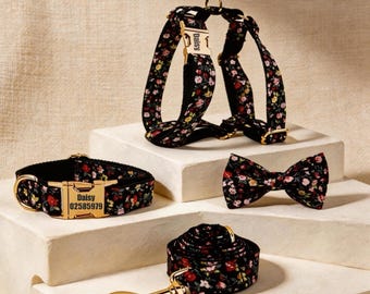 Conjunto personalizado de collar y arnés para perro con estampado floral negro, hebilla grabada a medida, conjunto de correa para mascota con estampado floral femenino, regalo para mamás perrunas, pajarita para correa de mascota