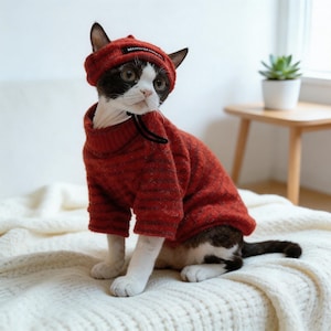 Puede incluir: Un gato con un suéter de punto rojo y un gorro a juego. El gato tiene marcas en blanco y negro y está sentado sobre una manta blanca. El gorro tiene una pequeña etiqueta negra.