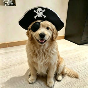 Puede incluir: Un perro golden retriever que lleva un sombrero de pirata negro con un emblema blanco de calavera y tibias cruzadas y un parche negro sobre un ojo. El perro tiene pelaje dorado claro, nariz negra y la boca abierta mostrando los dientes.