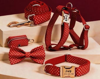 Personalized Red Polka Dot Dog Harness, Collar, Leash Set, Custom Name Puppy Accessories