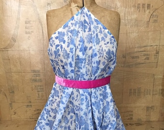 Length 4.65m. Sweetest 1970s Floral Print Fabric in Blue & White. Semi-Sheer Dressmaking Fabric. 5yds