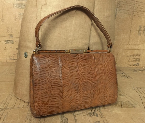 Stunning 1960s Tan Lizard Skin Leather Handbag by