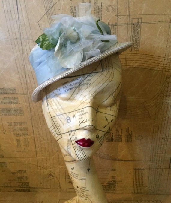 1950s Blue Floral Straw Hat