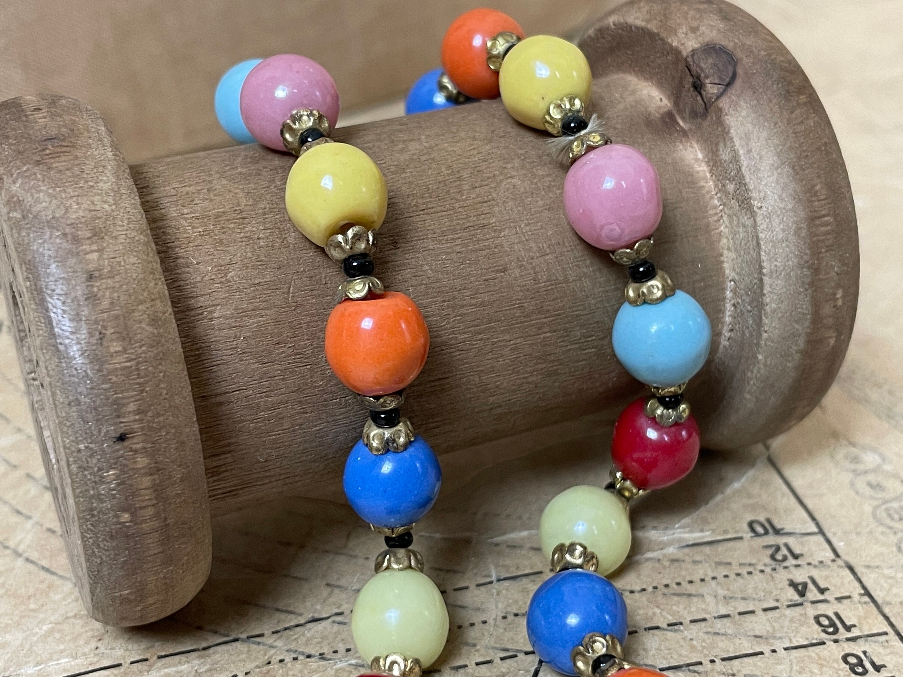 The 1970s String of Beads Necklace. Ceramic Vintage Pastel Beads