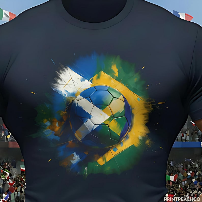 Scotland vs Brazil World Cup Graffiti style design on navy tshirt with football stadium background.