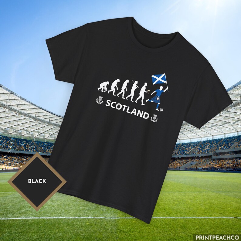 Scotland soccer supporter t shirt featuring evolution design and football theme