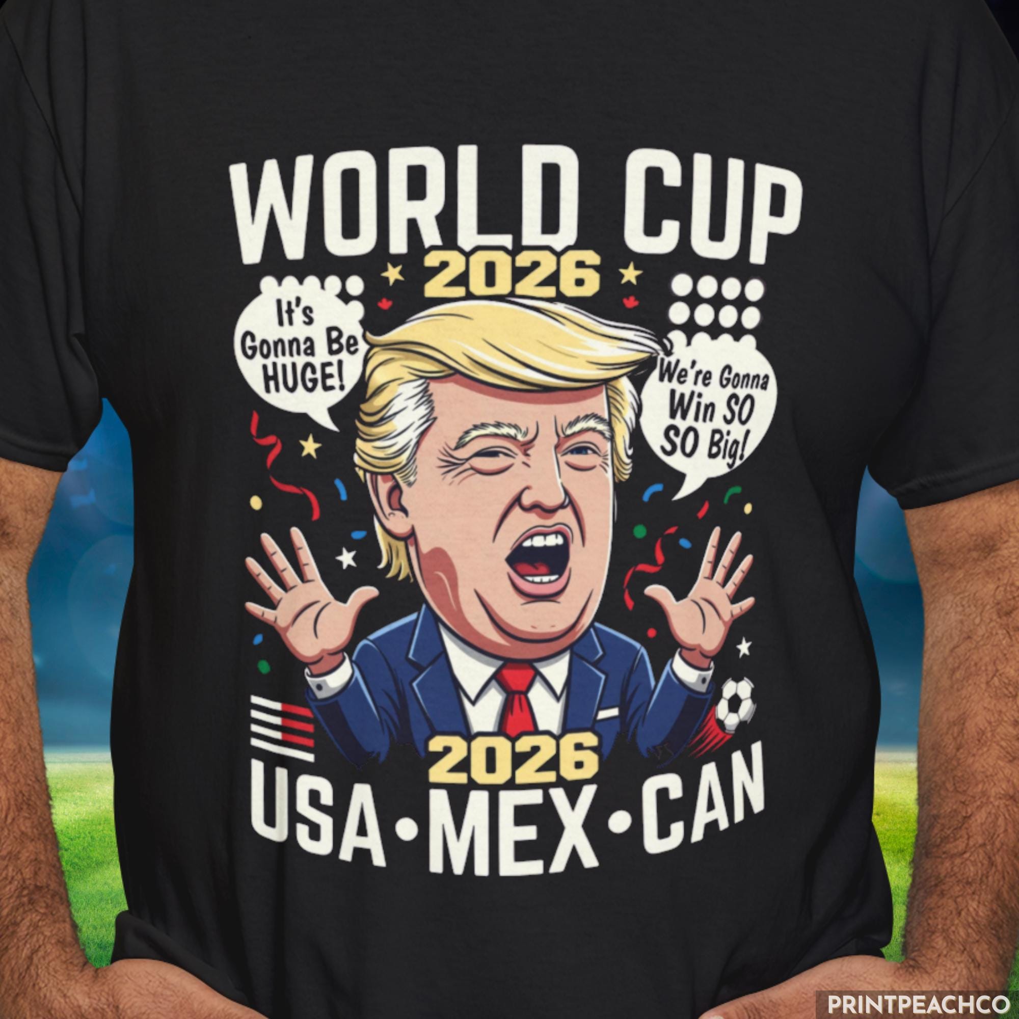 World Cup 2026 Trump Caricature Funny Soccer Shirt, USA MEX CAN