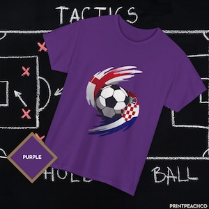Purple England vs Croatia football fan shirt with motion style soccer ball and flag design.