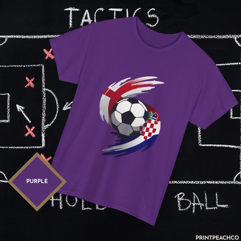 Purple England vs Croatia football fan shirt with motion style soccer ball and flag design.