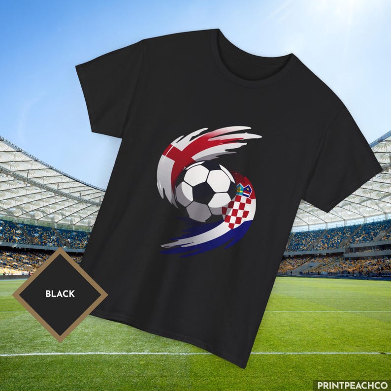 Black England Croatia match day t-shirt shown in stadium setting with flag inspired soccer graphic.