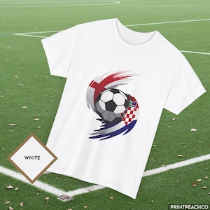White England Croatia football fan t-shirt featuring bold flag inspired soccer graphic.