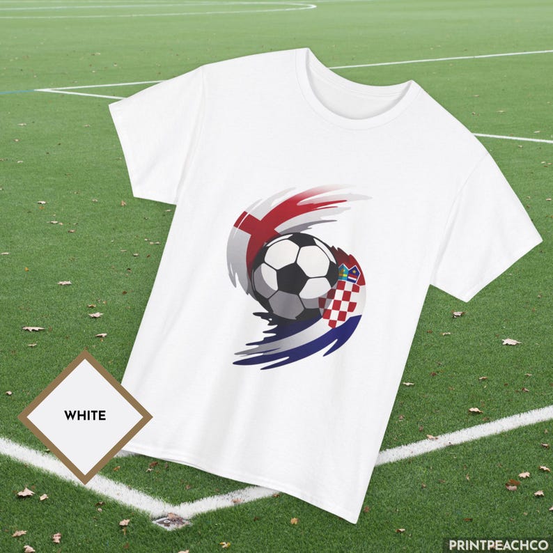 White England Croatia football fan t-shirt featuring bold flag inspired soccer graphic.