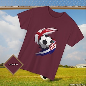 Maroon England Croatia World Cup football t-shirt with red white blue motion soccer graphic.