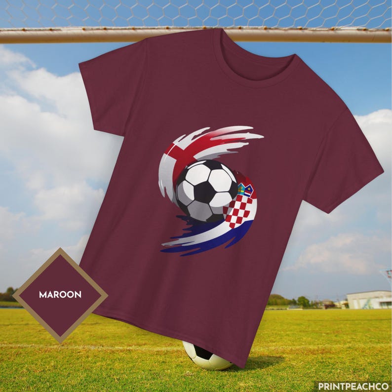 Maroon England Croatia World Cup football t-shirt with red white blue motion soccer graphic.