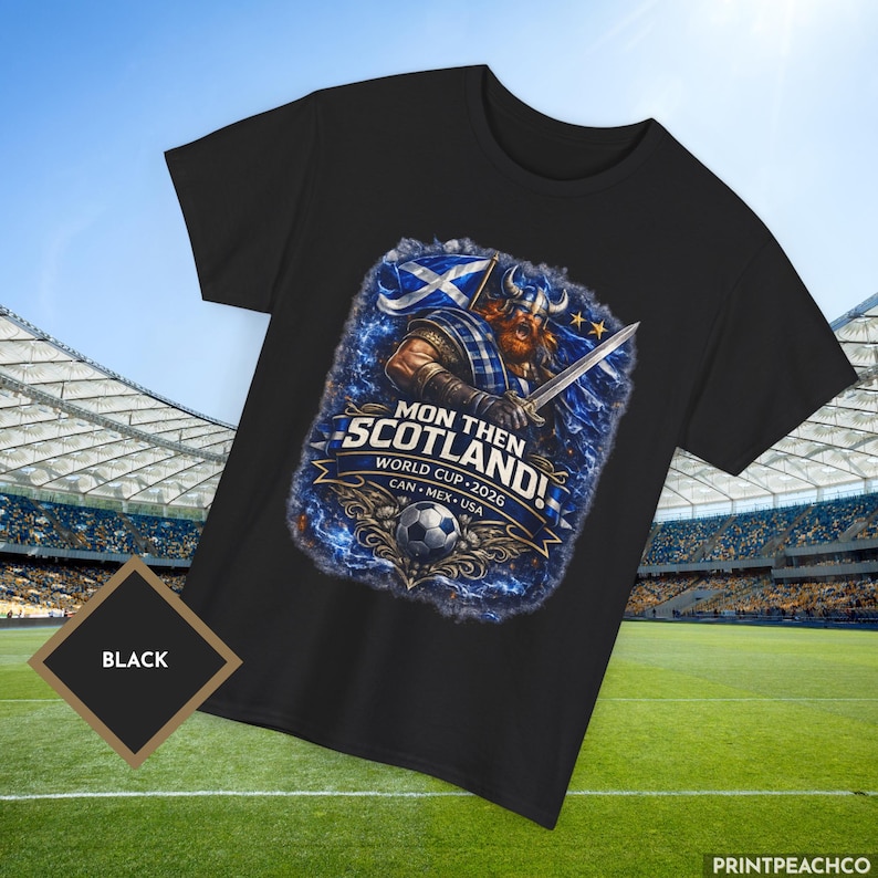 Black Mon Then Scotland World Cup 2026 football fan t shirt with Scottish Viking graphic
