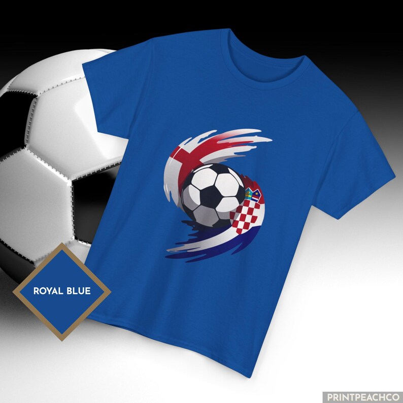 Royal blue England Croatia soccer shirt featuring swirling flag design around football.
