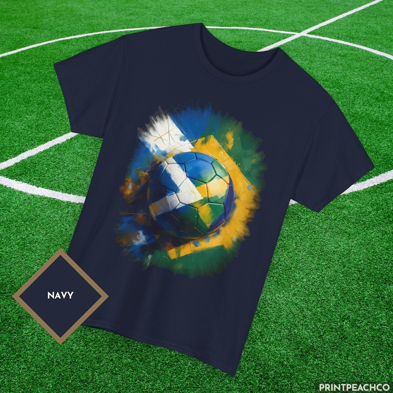 Scotland vs Brazil Navy Blue Graffiti style design t shirt on a football pitch.