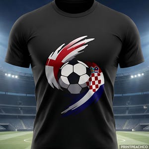 Black England vs Croatia football shirt featuring dynamic soccer ball with England and Croatia flag swirl design.
