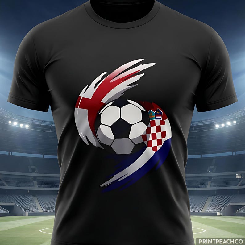 Black England vs Croatia football shirt featuring dynamic soccer ball with England and Croatia flag swirl design.