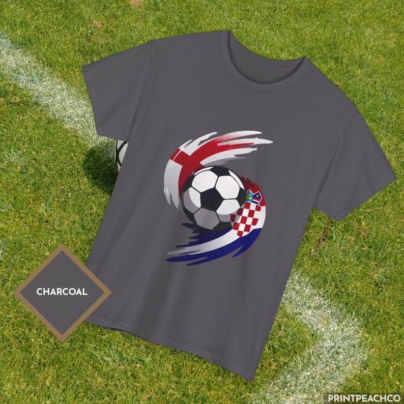 Charcoal England Croatia football t-shirt with bold red white and blue soccer graphic.