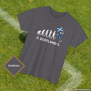Funny Scotland evolution football t shirt with fan silhouette design