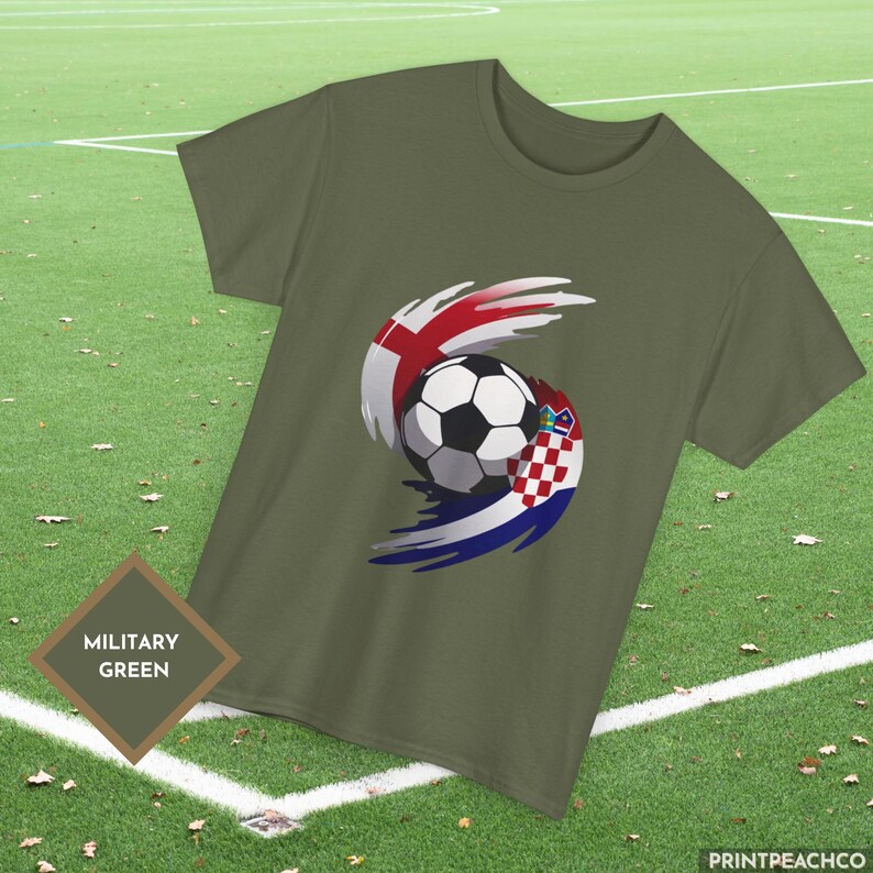 Military green England vs Croatia football graphic tee with red white and blue soccer design.