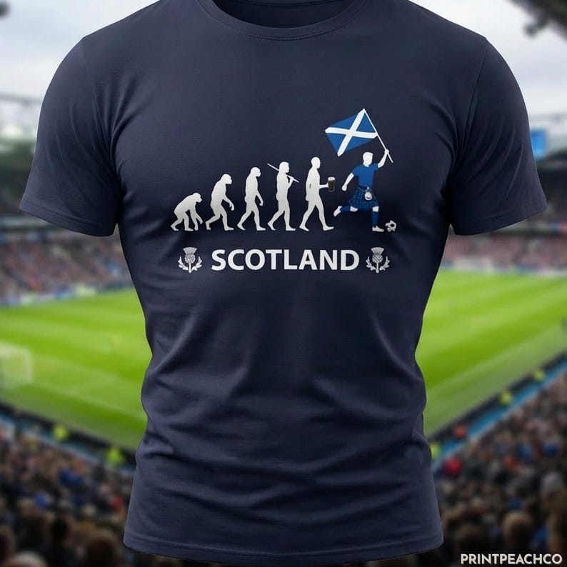 Scotland evolution football fan t shirt with Saltire flag and supporter design