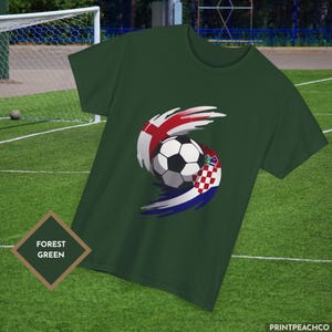 Forest green England Croatia World Cup shirt with dynamic flag swirl football artwork.