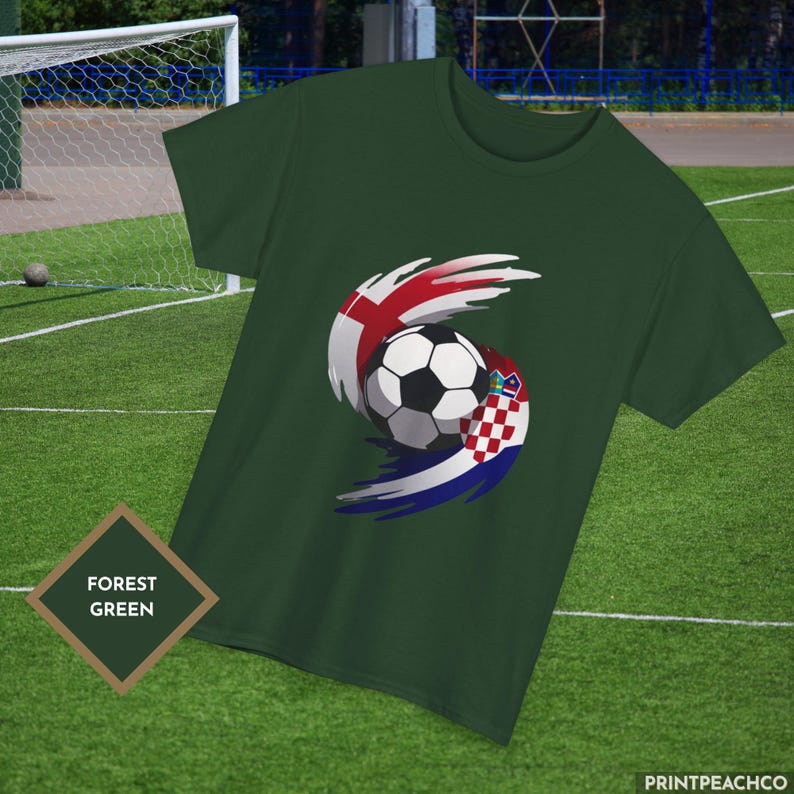 Forest green England Croatia World Cup shirt with dynamic flag swirl football artwork.