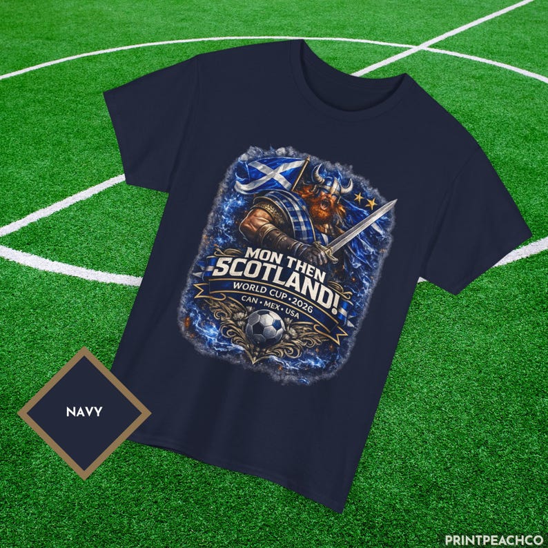 Navy Scotland World Cup 2026 soccer fan shirt with Saltire and Viking design