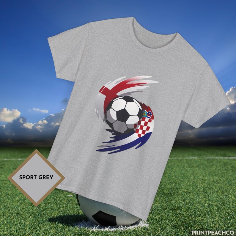 Sport grey England vs Croatia football fan tee with dynamic flag inspired soccer artwork.