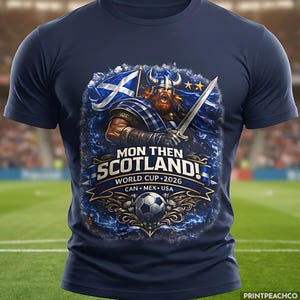 Scotland World Cup 2026 Mon Then Scotland football fan shirt with Viking design worn by model