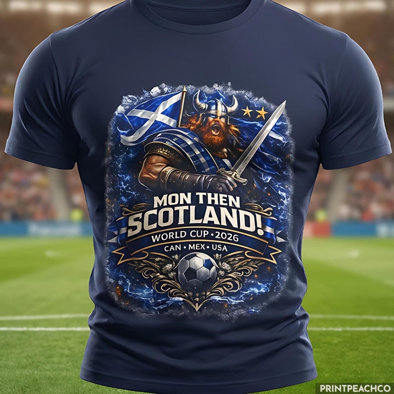 Scotland World Cup 2026 Mon Then Scotland football fan shirt with Viking design worn by model
